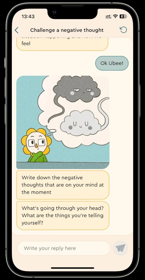 A mobile phone displaying the UB-OK app on the conversation screen. The user is in the middle of a gratitude exercise, and has just been asked to write down one thing they're grateful for today