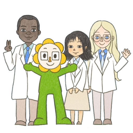 Three clinicians wearing medical outfits standing next to our mascot, Ubee, who looks like a sunflower with arms and legs and a cute little face