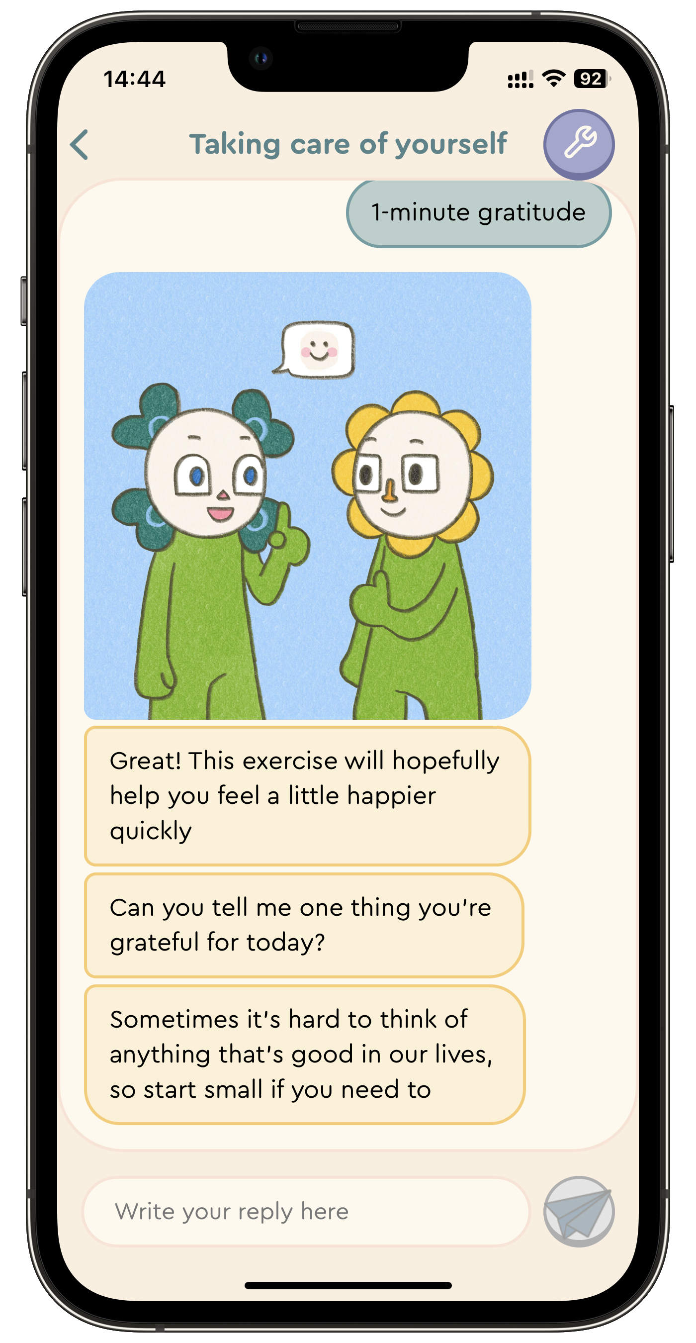 A mobile phone displaying the UB-OK app on the conversation screen. The user is in the middle of a gratitude exercise, and has just been asked to write down one thing they're grateful for today