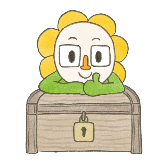 Our mascot Ubee leaning on a locked chest and giving a thumbs up